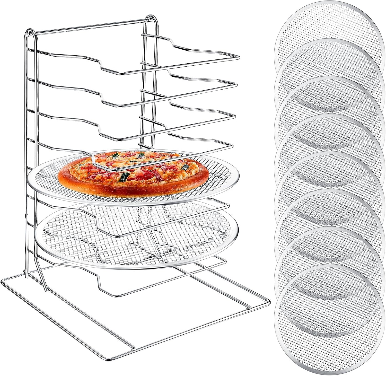Commercial Kitchen For Baking - ชั้นวางพิซซ่า 8 ชั้น พร้อมถาดอบอลูมิเนียม 8 ถาดที่มีรู