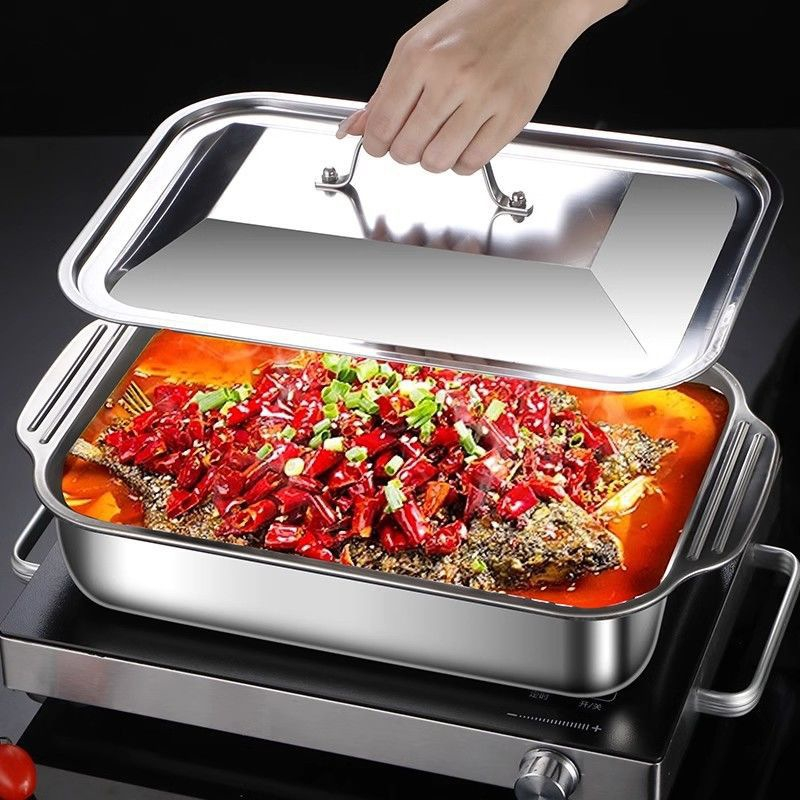 Kitchen Oven Baking Pans - ถาดอบสแตนเลสทรงลึกพร้อมฝาปิด ถาดอบรูปสี่เหลี่ยมผืนผ้าอเนกประสงค์สำหรับเตาอบ ใช้สำหรับทำอาหารทะเล ปลาปิ้งย่าง