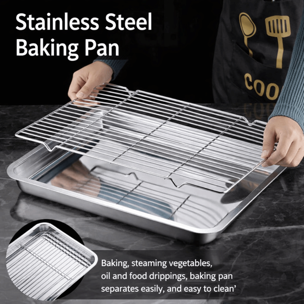 Kitchen Oven Baking Pans - ถาดอบสแตนเลสแบบพกพา ไม่ติดกระทะ ถอดออกได้ พร้อมตะแกรงระบายความร้อน ถาดบาร์บีคิว ตะแกรงอบทรงสี่เหลี่ยม