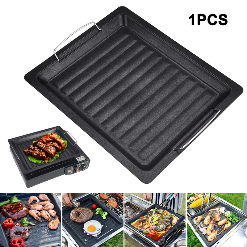 Kitchen Oven Baking Pans - กระทะย่างทรงสี่เหลี่ยมหนาสำหรับใช้งานกลางแจ้ง พร้อมหูจับสองข้าง กระทะย่างเคลือบกันติดแบบพกพา ถาดอบสำหรับทำบาร์บีคิว แคมป์ปิ้ง และทำอาหาร